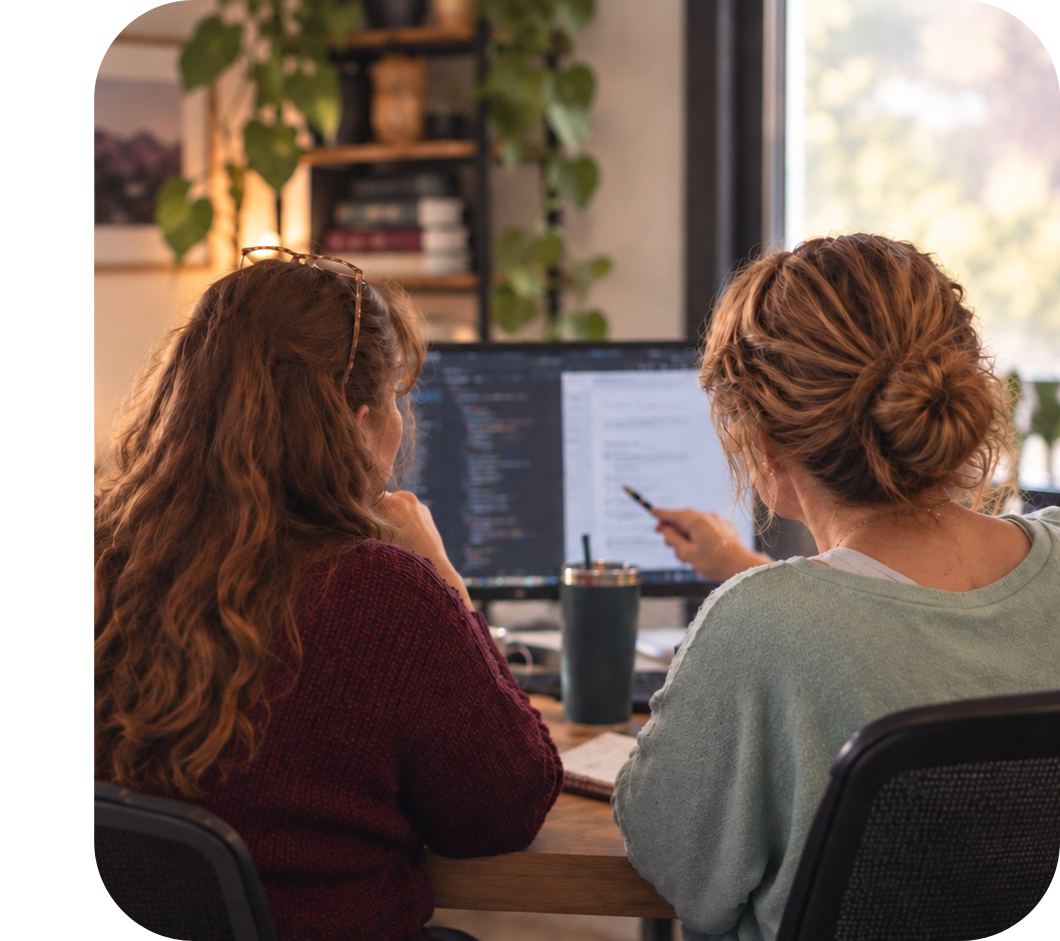 Two people collaborating at a computer in a home office
